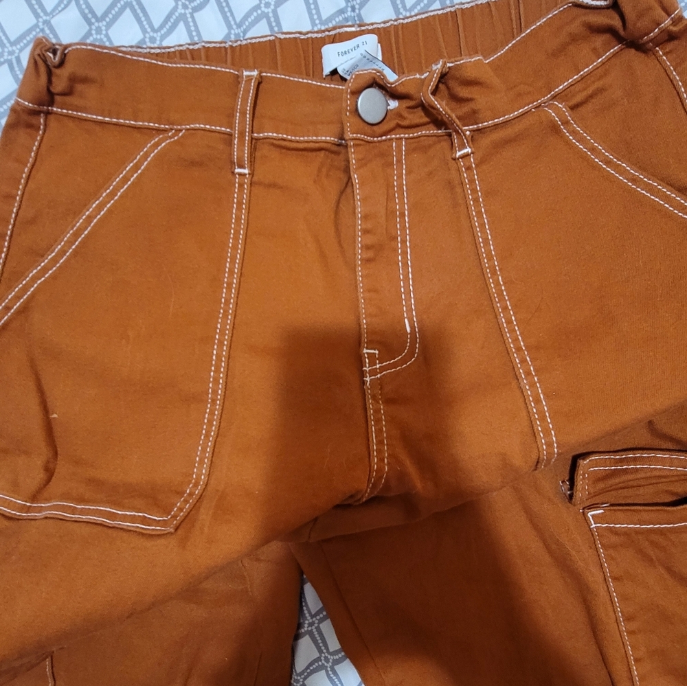 FOREVER 21 size LG burnt Denim pants ๐ oversized pockets, elastic button zip. - Picture 8 of 17